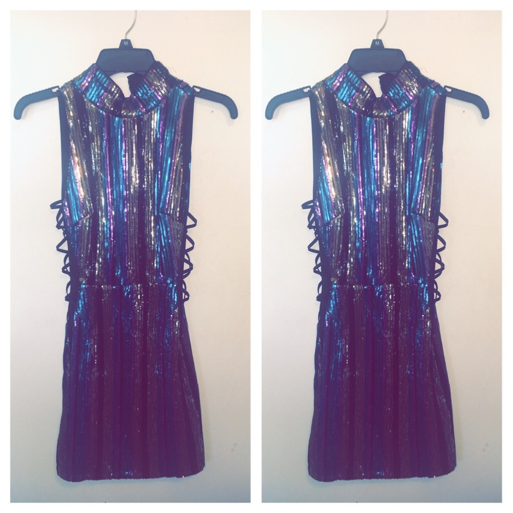 Sequined mini cut out mock neck dress